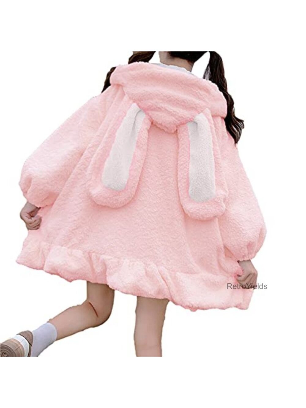 Kawaii Bunny Ear Fuzzy Hoodie, Oversized Zip Up Sweater Coat